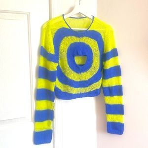 Y2K Striped Pattern Cut Out Front Crop Sweater